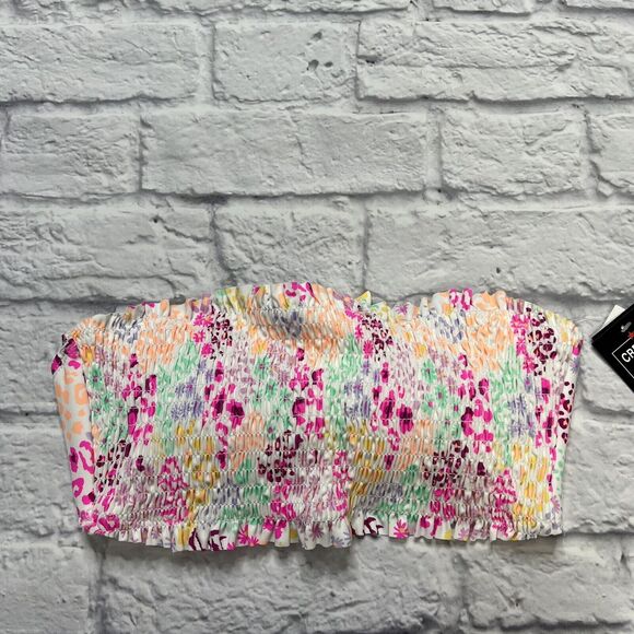 California Waves Floral Print Smocked Bandeau Juniors Bikini Top M NWT Multi - Picture 2 of 5